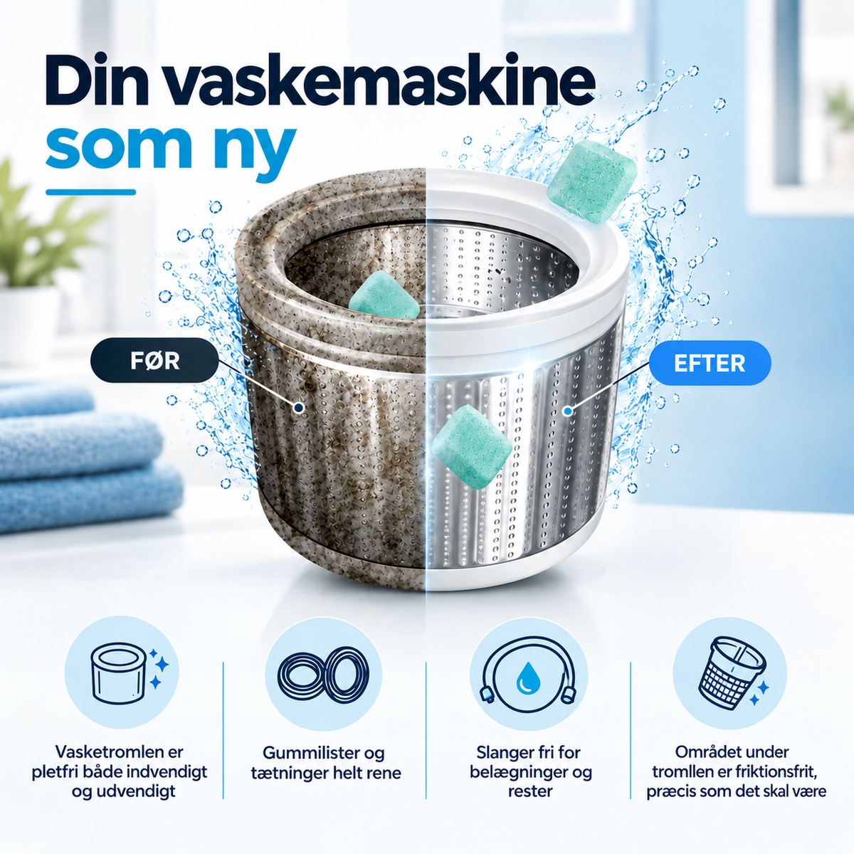 Vaskemaskine før og efter rengøring med Renly Pro